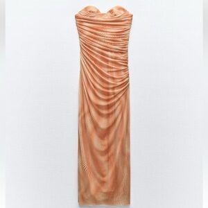 Zara Orange Strapless Printed Tulle Midi Dress SMALL